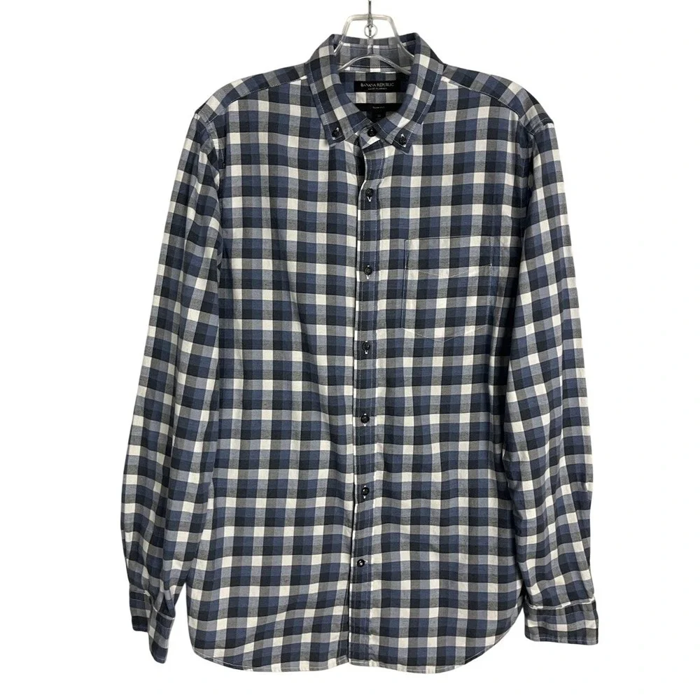 Banana Republic Luxe Flannel Slim Fit Shirt Button Up Tall Mens M Blue Cotton